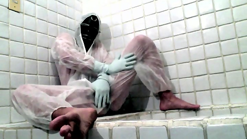 Masked Femboy in Suit Pees Itself and Cums