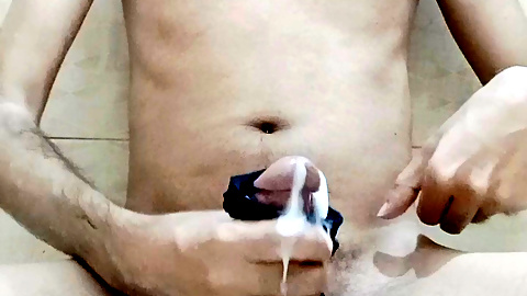Asian Twink's Wet Piss & Cum Explosion in Black Briefs - Edging to Massive Load & Steamy Shower Finish