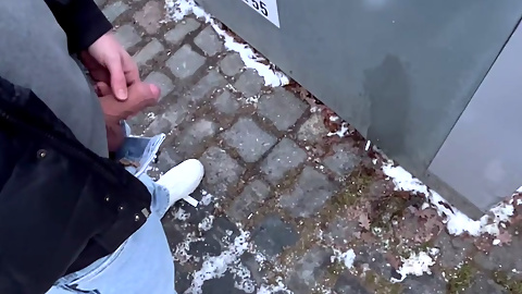 Public pissing with a nice cock makes him horny and makes him jerk off
