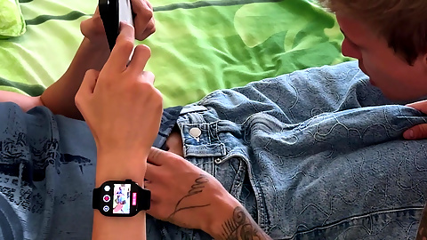 Guy gives throat to friend while he plays on phone