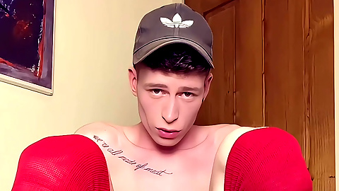 Twink Big Dick Rides XL Dildo in Long Red Soccer Socks - Massive Cum Load Explosion