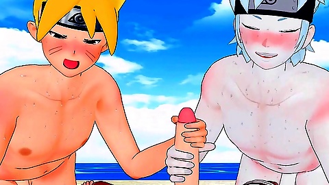 Mitsuki and Boruto give Naruto a handjob in this yaoi scene