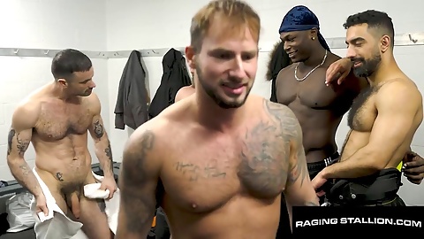 Hairy jock enjoys a hot ride on a handsome dude's big cock in the steamy shower