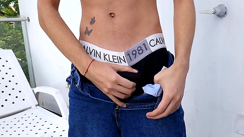 Slim twink Liam gets ready to release his thick load while teasing his ass