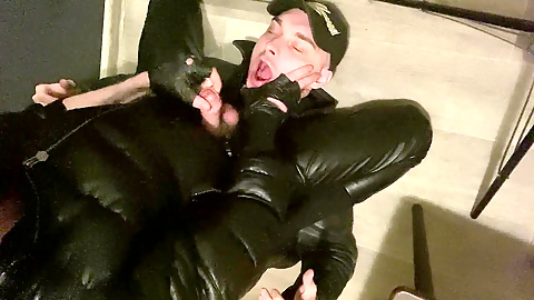 Leather tormentor gives a rough session to a willing gay sub