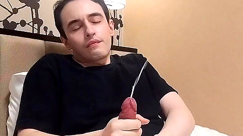 Huge Dick Two-Handed Masturbation and Cum Explosion on Japanese Hotel Bed