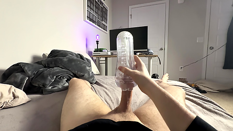 Fucking a clear pocket pussy extremely deep - see through cumshot filling up the toy and loud male moaning